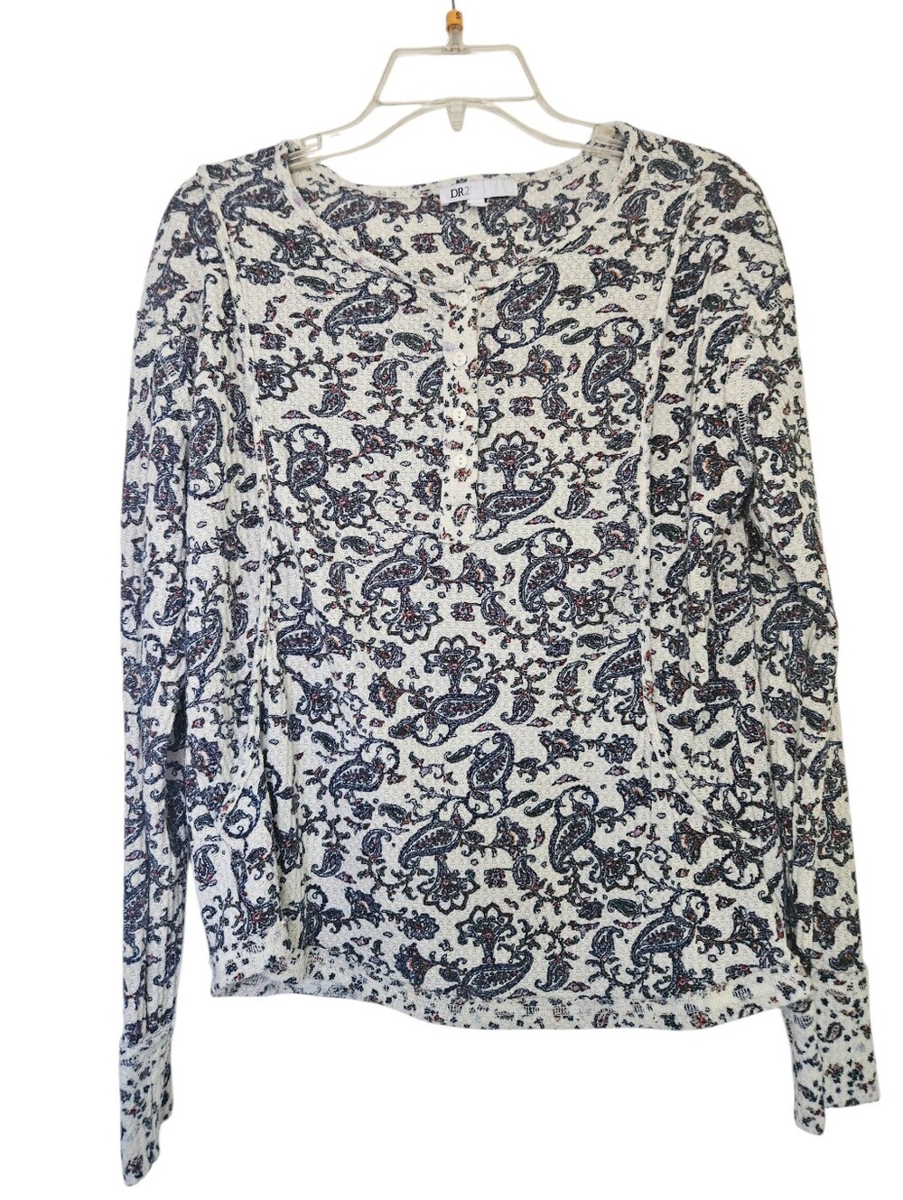 DR2 Charlee Printed Henley Long Sleeve Waffle Knit Top Women L